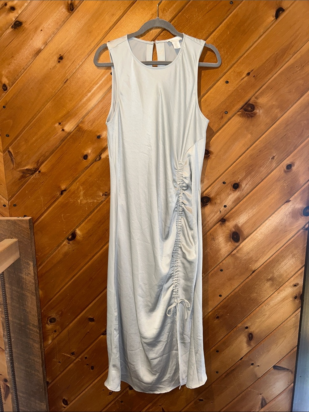 House of Harlow 1960 Ice Blue Shimmer Ruched Hem Sleeveless Column Midi Gown